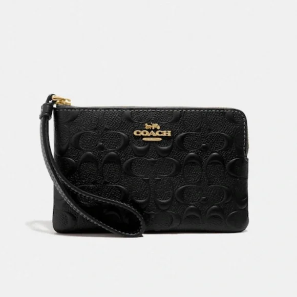 Coach Black & Gold Corner Zip Wristlet In Signature Leather New With Tag - Picture 1 of 1